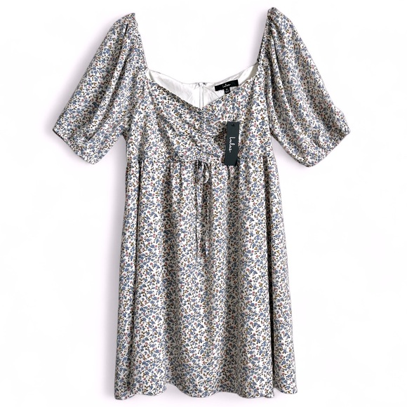 Lulus Floral Print Puff Sleeve Cinch Bodice Mini Dress Off White Blue XL NWT - Picture 6 of 15